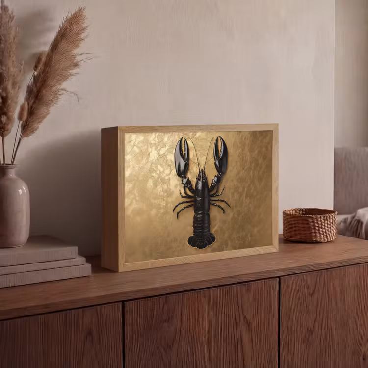 Kreeft - Zwart - Goud - Luxe Light Box met batterij (Wandlamp) middel -sfeer2