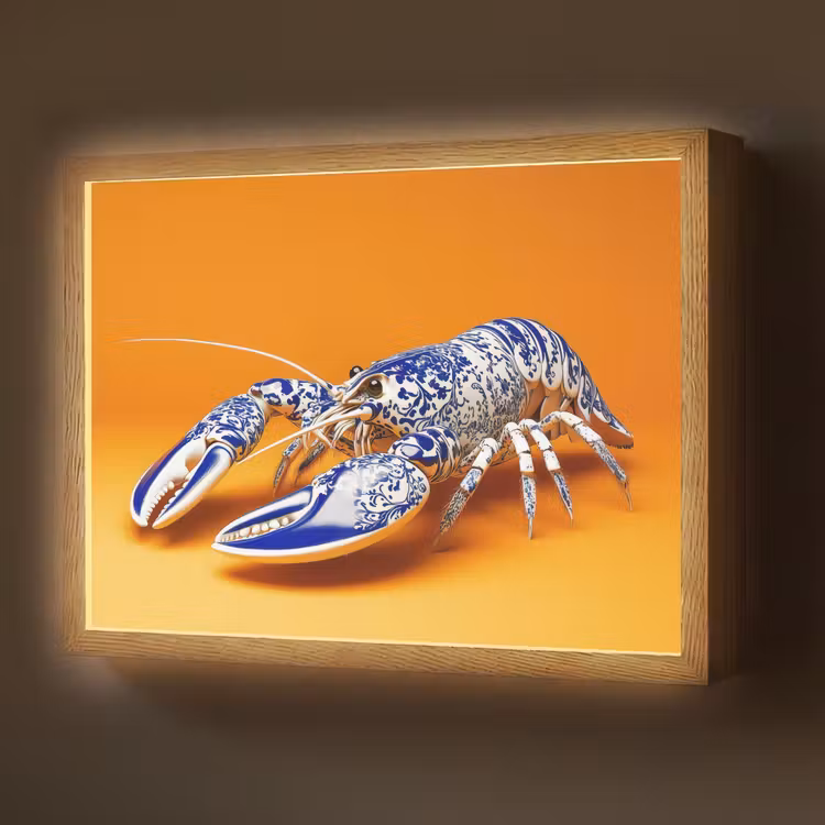 Kreeft - Delftsblauw - Schild - Stoer - Oranje Light Box met batterij (Wandlamp) middel -z3d_website