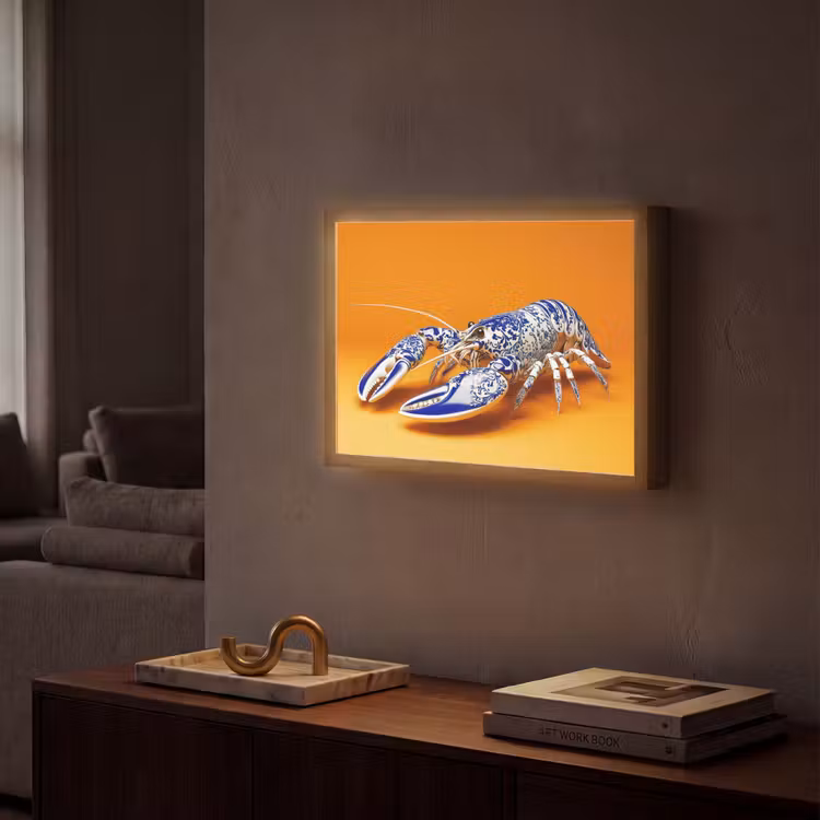 Kreeft - Delftsblauw - Schild - Stoer - Oranje Light Box met batterij (Wandlamp) middel -sfeer1