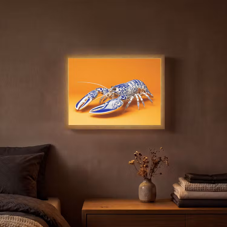 Kreeft - Delftsblauw - Schild - Stoer - Oranje Light Box met batterij (Wandlamp) middel -sfeer4
