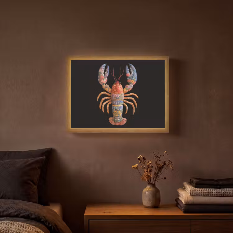 Kreeft - Borduur - Kleurrijk - Bloemen Light Box met batterij (Wandlamp) middel -sfeer4