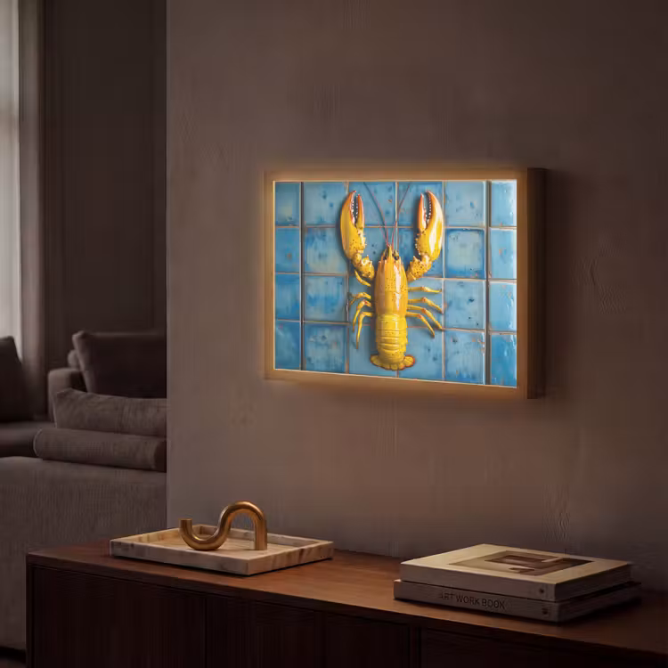 Kreeft - Geel - Blauw - Tegels Light Box met batterij (Wandlamp) middel -sfeer1