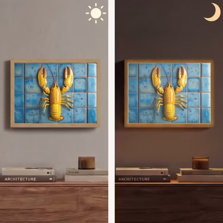Kreeft - Geel - Blauw - Tegels Light Box met batterij (Wandlamp) middel -sfeer3