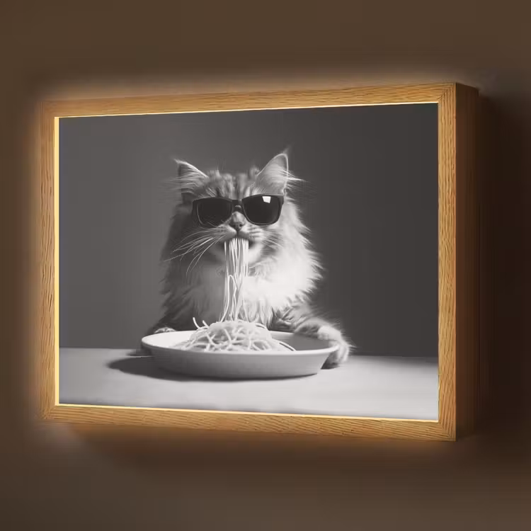 Langharige kat - Zonnebril - Spaghetti - Humor - Zwart - wit Light Box met batterij (Wandlamp) middel -z3d_website