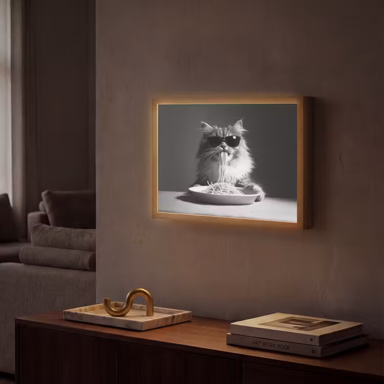 Langharige kat - Zonnebril - Spaghetti - Humor - Zwart - wit Light Box met batterij (Wandlamp) middel -sfeer1