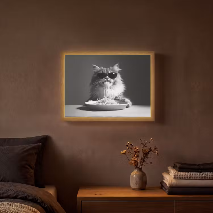 Langharige kat - Zonnebril - Spaghetti - Humor - Zwart - wit Light Box met batterij (Wandlamp) middel -sfeer4