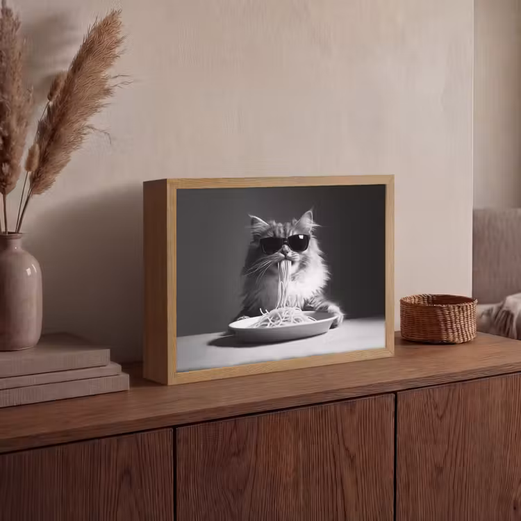 Langharige kat - Zonnebril - Spaghetti - Humor - Zwart - wit Light Box met batterij (Wandlamp) middel -sfeer2
