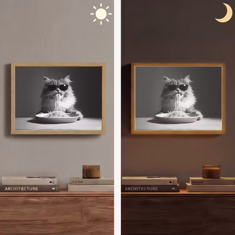 Langharige kat - Zonnebril - Spaghetti - Humor - Zwart - wit Light Box met batterij (Wandlamp) middel -sfeer3