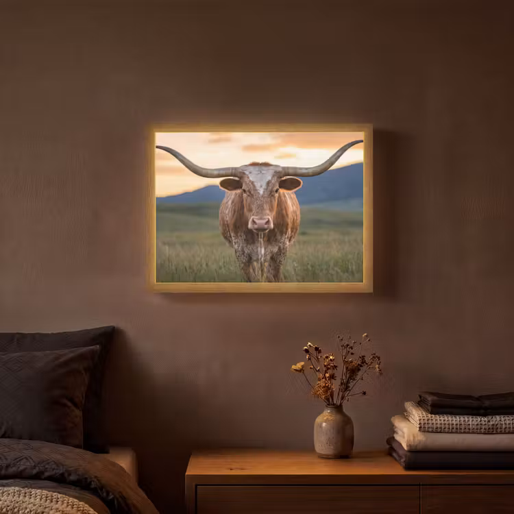 Longhorn - Landschap - Zonsondergang Light Box met batterij (Wandlamp) middel -sfeer4