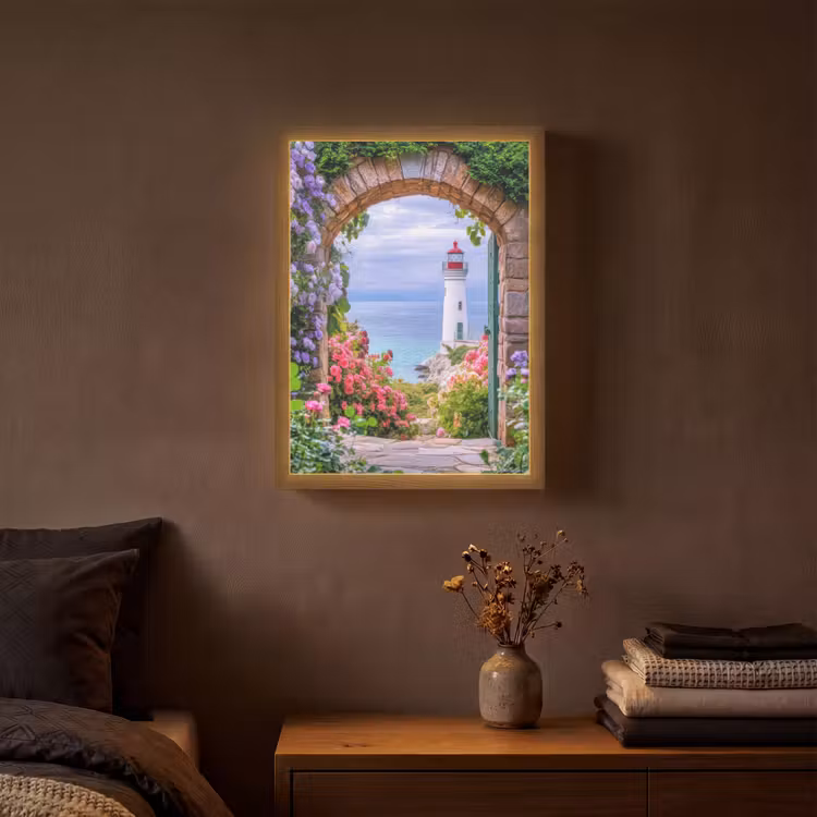 Doorkijk - Vuurtoren - Bloemen - Uitzicht Light Box met batterij (Wandlamp) middel -sfeer4