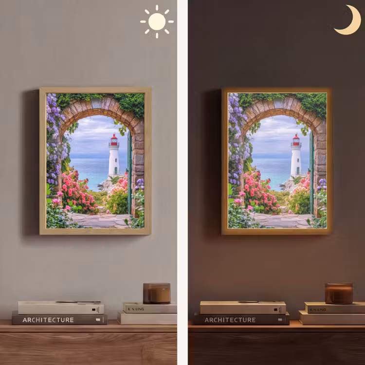 Doorkijk - Vuurtoren - Bloemen - Uitzicht Light Box met batterij (Wandlamp) middel -sfeer3