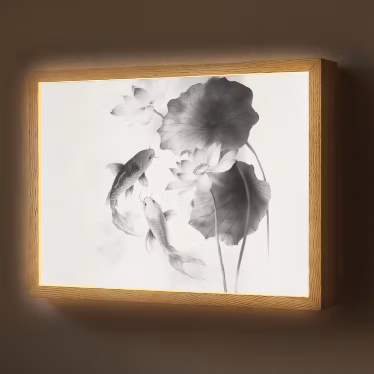 Lotusbloemen - Vissen - Bladeren - Zwart Light Box met batterij (Wandlamp) middel -z3d_website