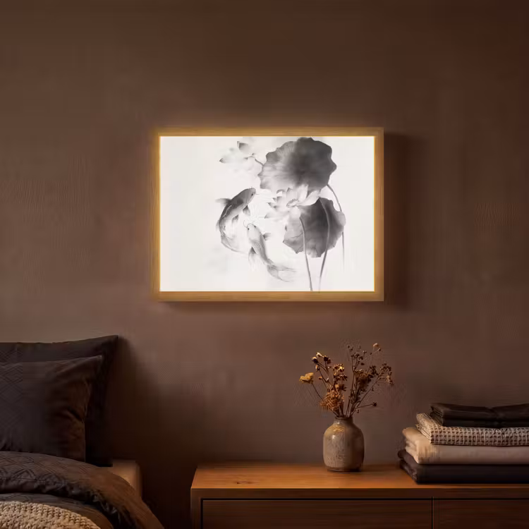 Lotusbloemen - Vissen - Bladeren - Zwart Light Box met batterij (Wandlamp) middel -sfeer4