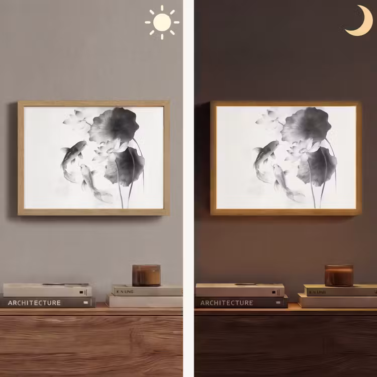 Lotusbloemen - Vissen - Bladeren - Zwart Light Box met batterij (Wandlamp) middel -sfeer3