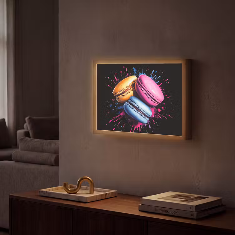 Macarons - Dessert - Graffiti - Kleurrijk - Roze - Blauw - Geel Light Box met batterij (Wandlamp) middel -sfeer1