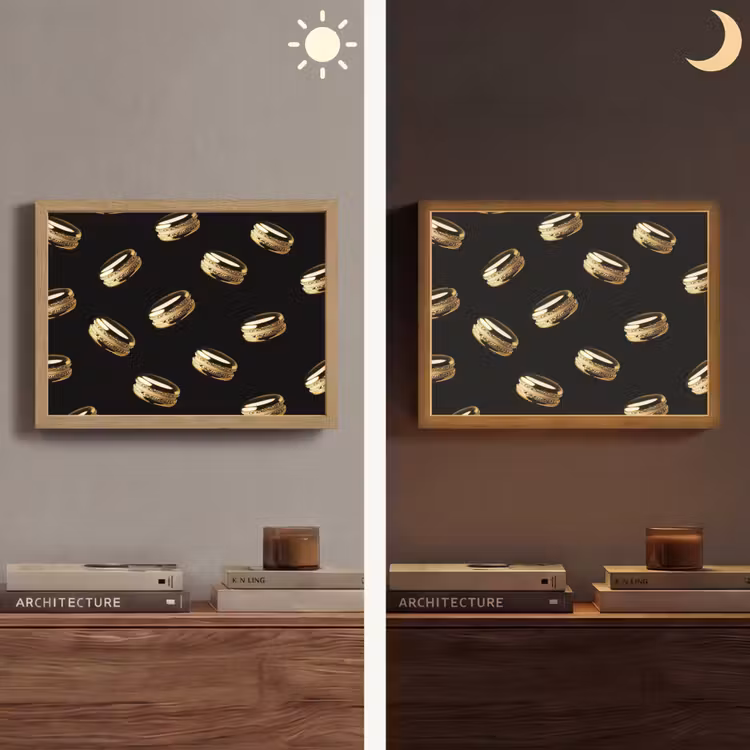 Macarons - Patroon - Goud - Zwart Light Box met batterij (Wandlamp) middel -sfeer3