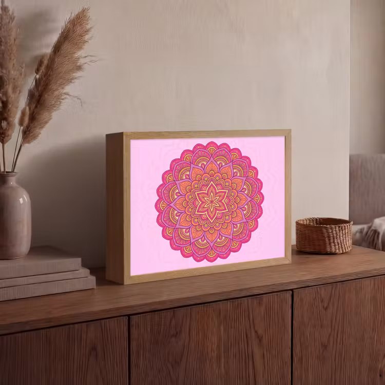 Mandala - Cirkel - Spiritueel - Oosters - Roze Light Box met batterij (Wandlamp) middel -sfeer2