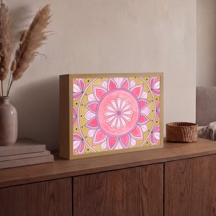 Mandala - Patroon - Kunst - Aquarel - Roze Light Box met batterij (Wandlamp) middel -sfeer2