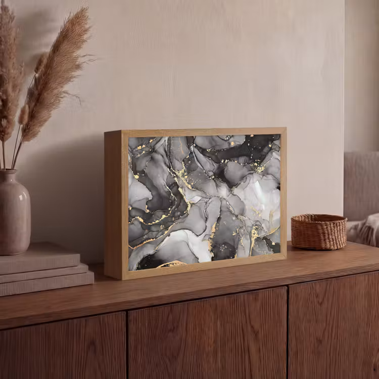 Marmer - Zwart - Goud - Grijs Light Box met batterij (Wandlamp) middel -sfeer2
