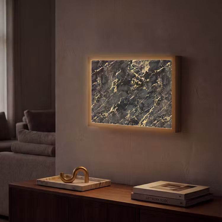 Marmer - Zwart - Goudstructuur Light Box met batterij (Wandlamp) middel 907 -sfeer1