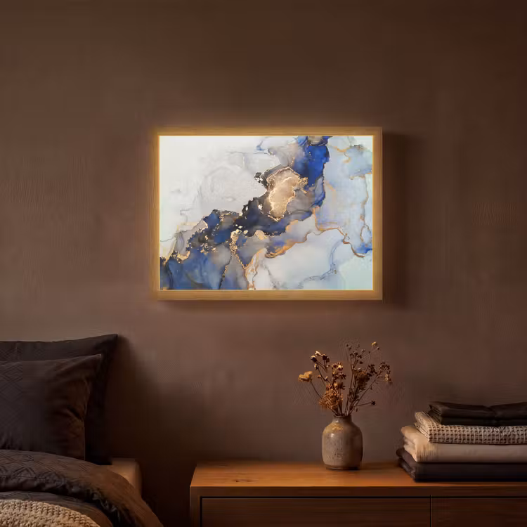 Marmer - Blauw - Goud Light Box met batterij (Wandlamp) middel -sfeer4