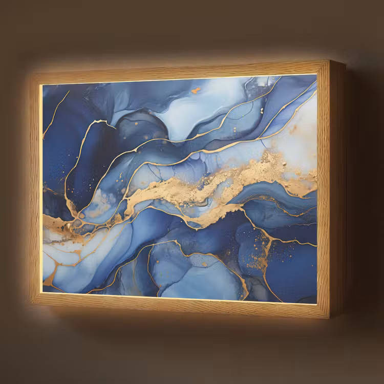 Marmer - Blauw - Goud - Abstract Light Box met batterij (Wandlamp) middel -z3d_website