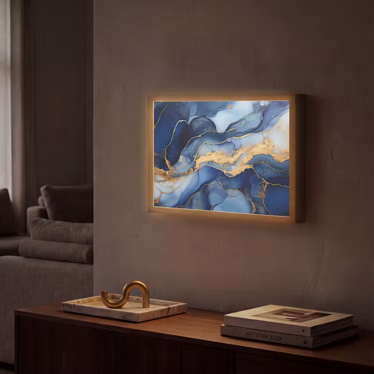 Marmer - Blauw - Goud - Abstract Light Box met batterij (Wandlamp) middel -sfeer1