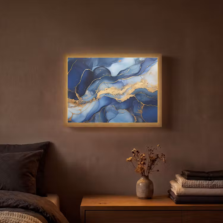 Marmer - Blauw - Goud - Abstract Light Box met batterij (Wandlamp) middel -sfeer4