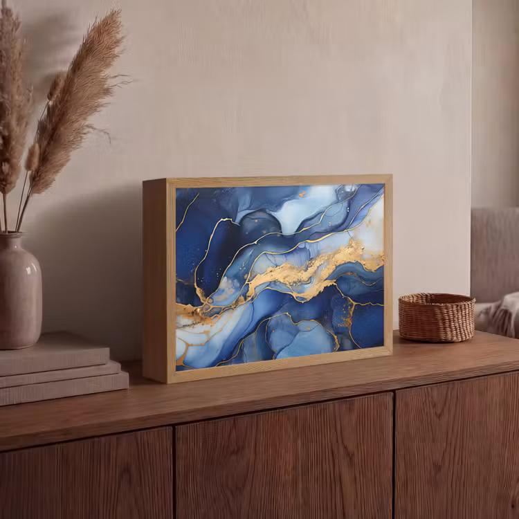 Marmer - Blauw - Goud - Abstract Light Box met batterij (Wandlamp) middel -sfeer2
