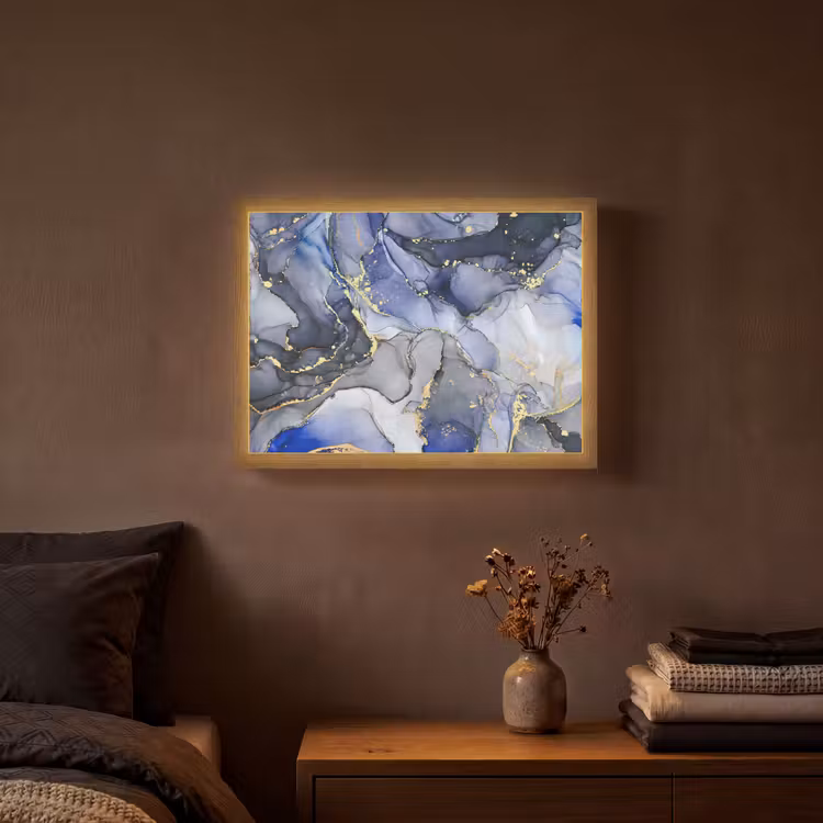 Marmer - Goud - Abstract - Blauw Light Box met batterij (Wandlamp) middel -sfeer4