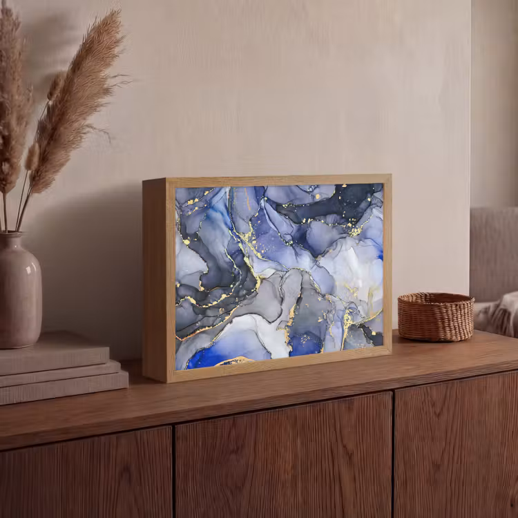 Marmer - Goud - Abstract - Blauw Light Box met batterij (Wandlamp) middel -sfeer2