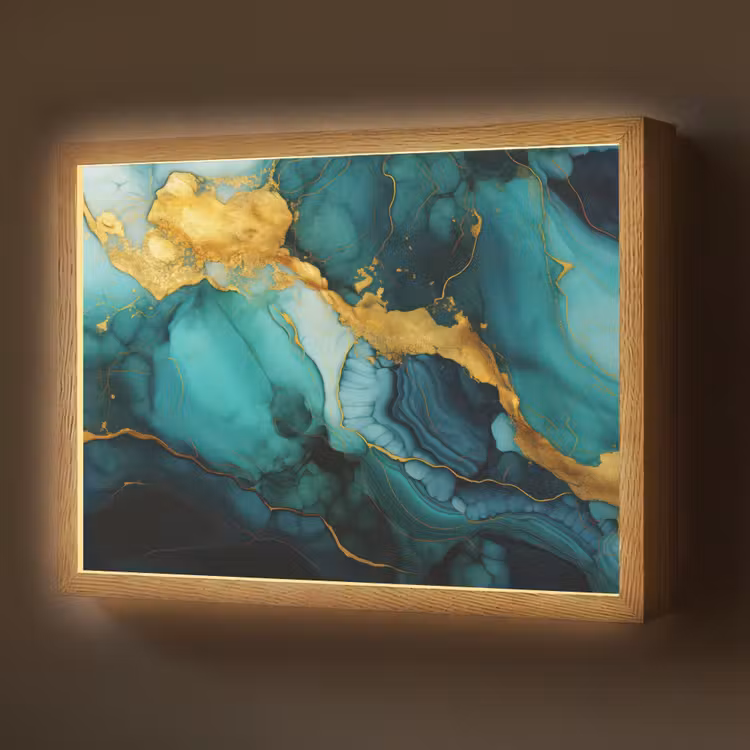 Marmer - Goud - Blauw groen - Abstract - Turquoise Light Box met batterij (Wandlamp) middel -z3d_website