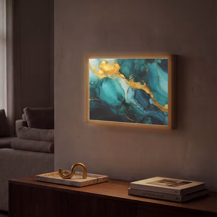 Marmer - Goud - Blauw groen - Abstract - Turquoise Light Box met batterij (Wandlamp) middel -sfeer1