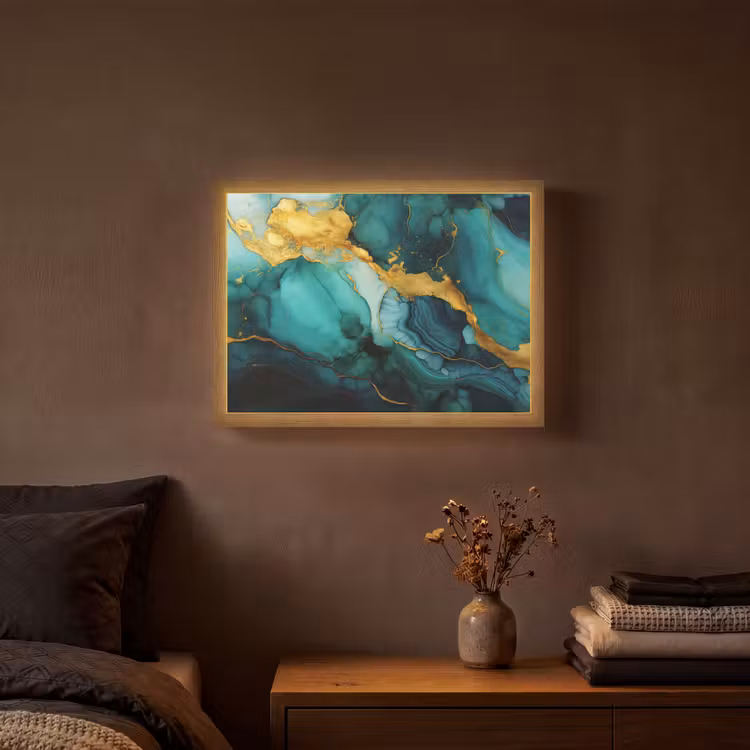 Marmer - Goud - Blauw groen - Abstract - Turquoise Light Box met batterij (Wandlamp) middel -sfeer4