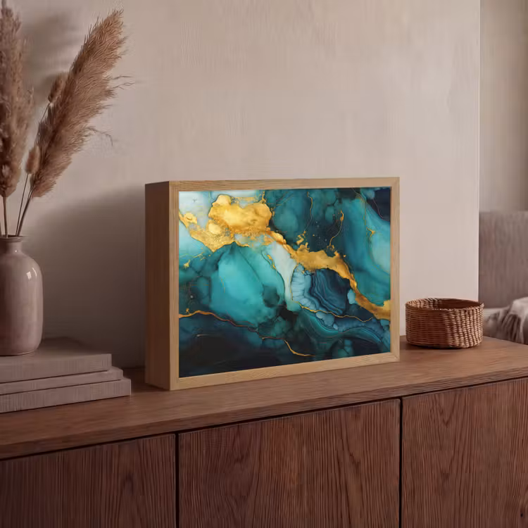 Marmer - Goud - Blauw groen - Abstract - Turquoise Light Box met batterij (Wandlamp) middel -sfeer2