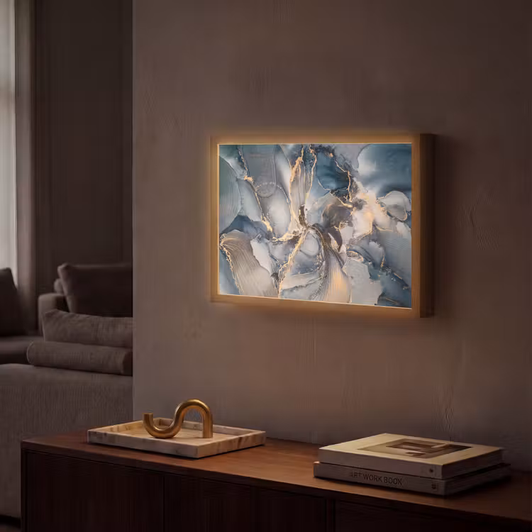 Marmer - Grijs - Blauw - Luxe - Goud Light Box met batterij (Wandlamp) middel -sfeer1