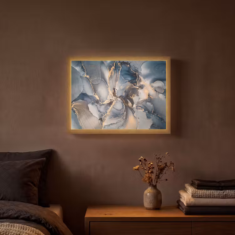 Marmer - Grijs - Blauw - Luxe - Goud Light Box met batterij (Wandlamp) middel -sfeer4