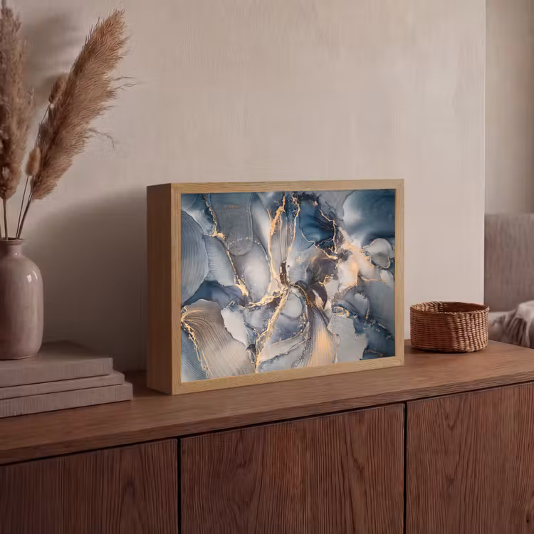 Marmer - Grijs - Blauw - Luxe - Goud Light Box met batterij (Wandlamp) middel -sfeer2