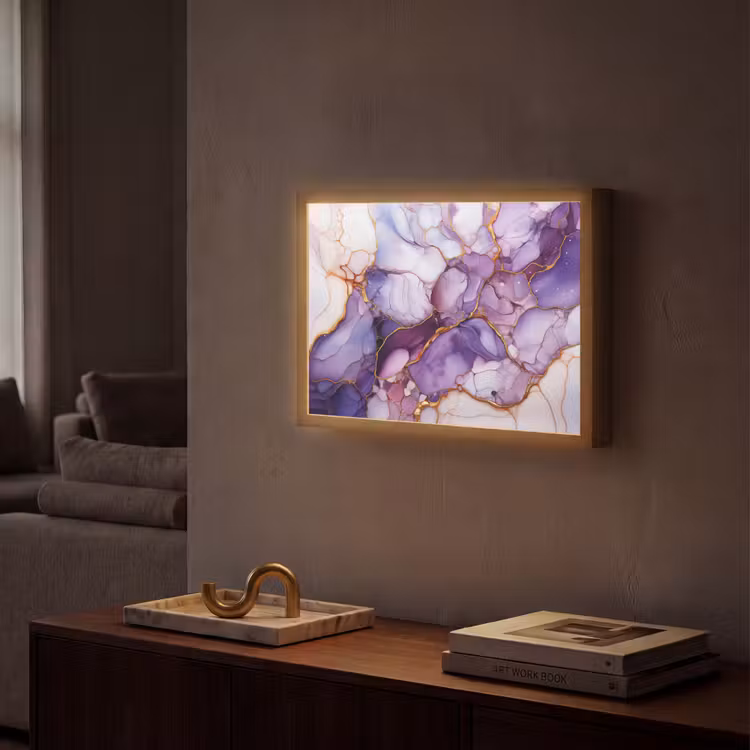 Marmer - Paars - Lila - Goud Light Box met batterij (Wandlamp) middel -sfeer1