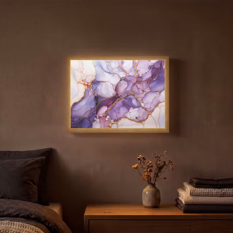 Marmer - Paars - Lila - Goud Light Box met batterij (Wandlamp) middel -sfeer4