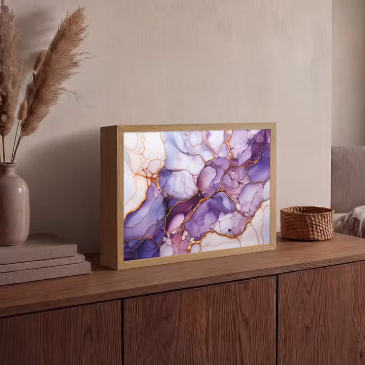 Marmer - Paars - Lila - Goud Light Box met batterij (Wandlamp) middel -sfeer2