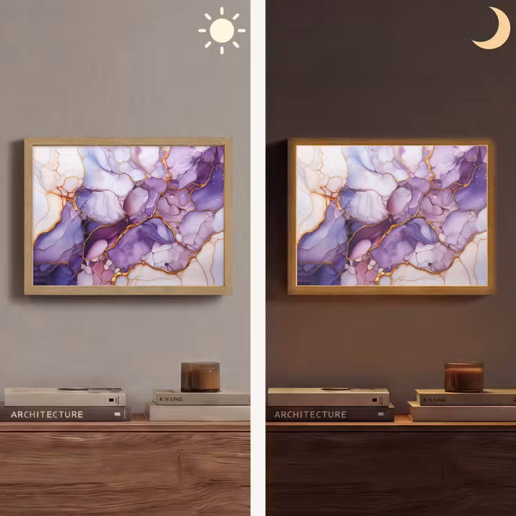 Marmer - Paars - Lila - Goud Light Box met batterij (Wandlamp) middel -sfeer3
