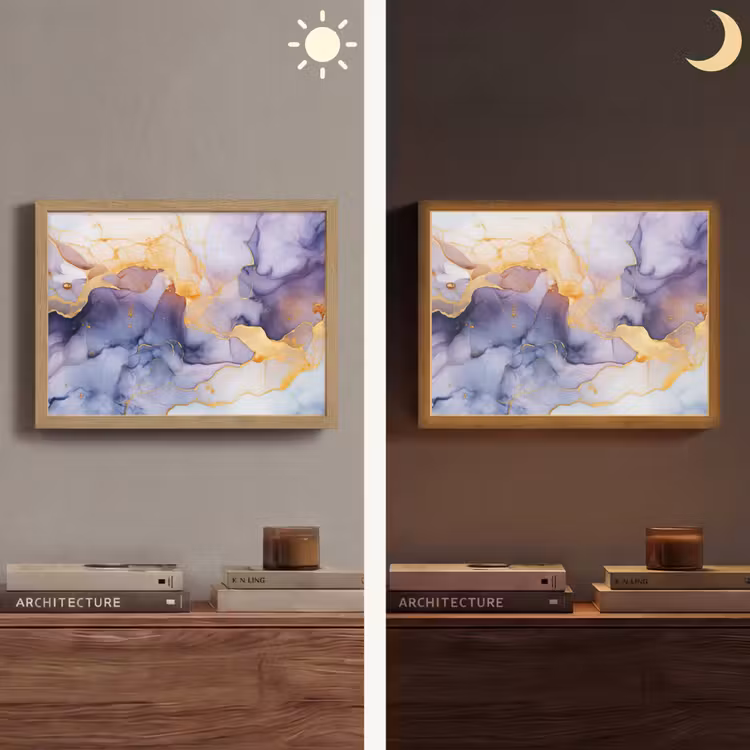 Marmer - Paars - Lila - Goud - Abstract Light Box met batterij (Wandlamp) middel -sfeer3