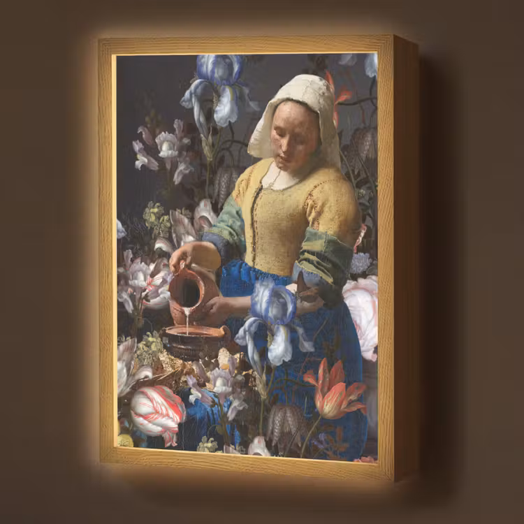 Melkmeisje - Johannes Vermeer - Bloemen Light Box met batterij (Wandlamp) middel -z3d_website