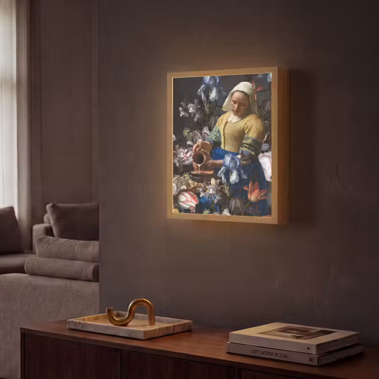 Melkmeisje - Johannes Vermeer - Bloemen Light Box met batterij (Wandlamp) middel -sfeer1