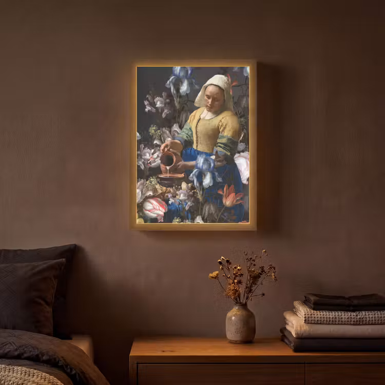Melkmeisje - Johannes Vermeer - Bloemen Light Box met batterij (Wandlamp) middel -sfeer4