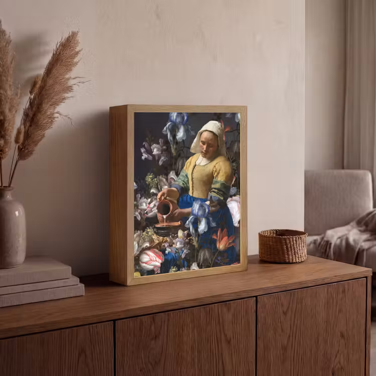 Melkmeisje - Johannes Vermeer - Bloemen Light Box met batterij (Wandlamp) middel -sfeer2