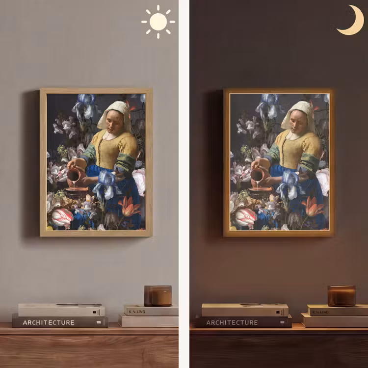 Melkmeisje - Johannes Vermeer - Bloemen Light Box met batterij (Wandlamp) middel -sfeer3