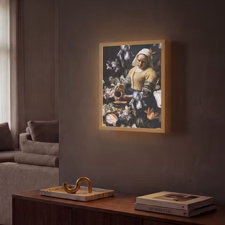 Melkmeisje - Johannes Vermeer - Bloemen - Blauw Light Box met batterij (Wandlamp) middel -sfeer1