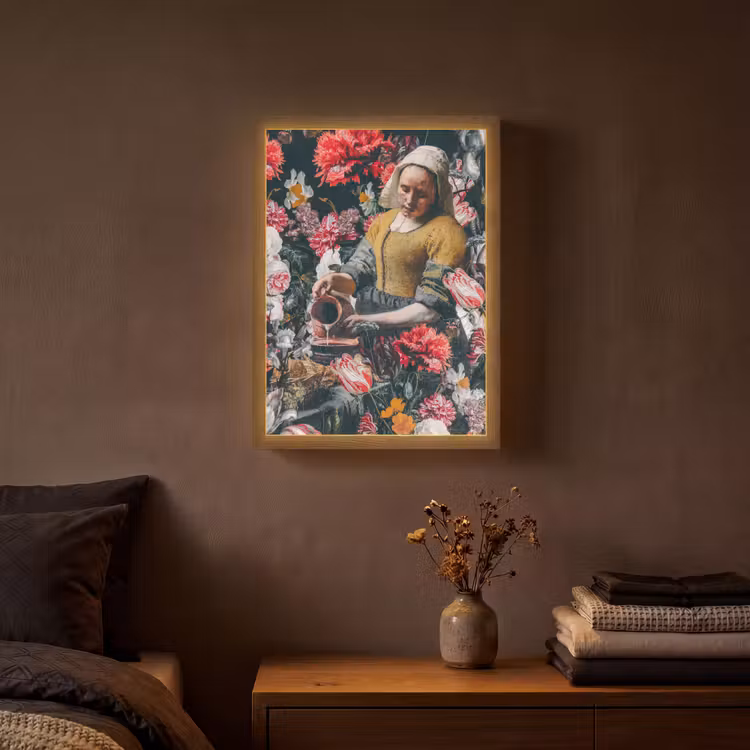 Melkmeisje - Johannes Vermeer - Bloemen - Roze Light Box met batterij (Wandlamp) middel -sfeer4